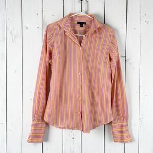 Lands' End Striped Button Down Shirt Womens 10 Pink Yellow Preppy Career
